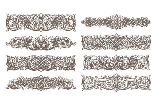 Vintage Border Vectors Engraved Baroque Ornament Frieze Floral Strapwork Knots Decorative Dividers Ornamental Design
