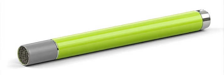 A lime green cylindrical object with metallic ends sits on a white surface