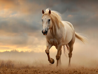 Obraz premium Majestic palomino horse with flowing mane running with power and freedom through dust at beautiful sunset