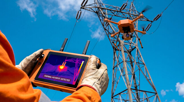 Utility worker using drone with thermal camera to inspect high-voltage power line tower for overheating electrical components.