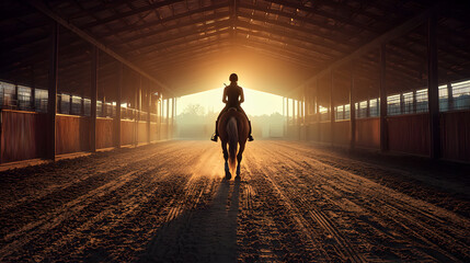Peaceful silhouette of rider and horse training in an equestrian facility at sunrise. majestic and serene moment