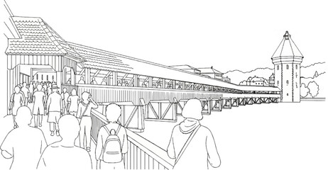 Obraz premium A long covered wooden bridge with people walking on it, leading to a tower