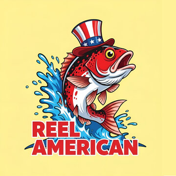 Red fish wearing patriotic hat jumping out of water with american theme.