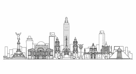 Obraz premium A minimalist line drawing showcases a city skyline with diverse architectural styles