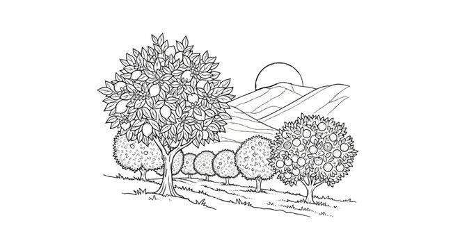 A black and white sketch of a lush citrus grove with distant rolling hills under a sun