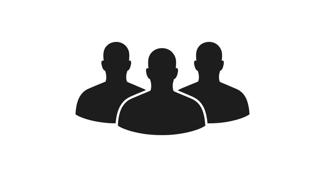 A minimalist depiction of three faceless human heads arranged closely together presented in a stark black silhouette high quality