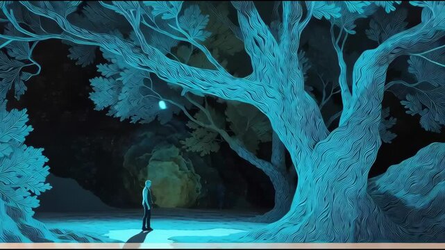A lone figure stands before an ancient, glowing tree in a mystical forest at dusk from a low viewpoint
