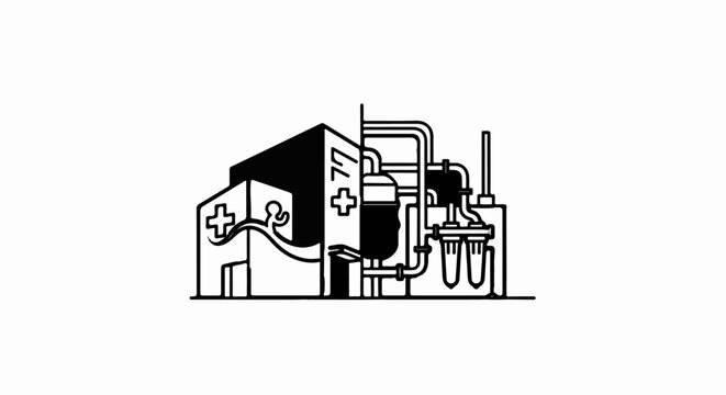 Minimalist illustration shows a medical facility connected to a complex industrial filtration system