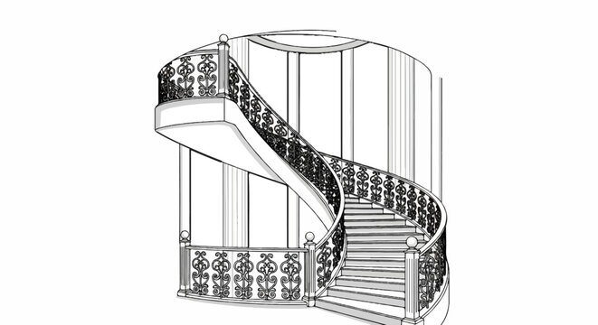 Elegant, ornate spiral staircase with decorative metal railings ascends within a modern, glass-walled atrium