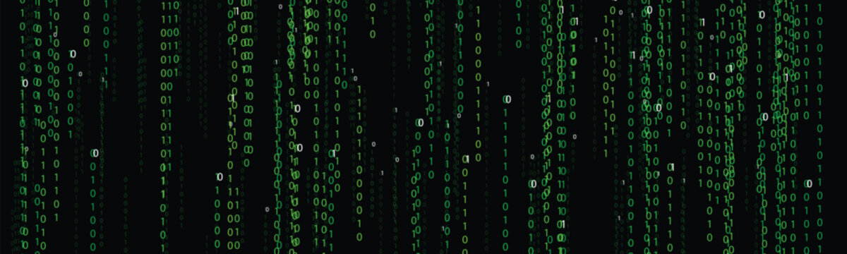 Green digital binary code falling like rain against a dark black background representing data streams and futuristic technology