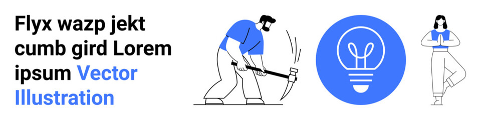 Innovation, productivity, creativity, mindfulness, work-life balance, problem-solving. A worker with a pickaxe, a light bulb icon and a meditating woman. Productivity and creativity concepts © robu_s