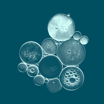 Abstract background with bubbles on a blue colored background in macro photography. Droplets of hyaluronic acid serum and copper peptides.