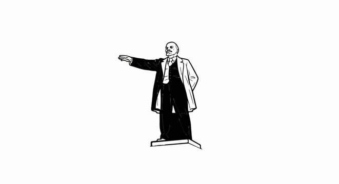 A black and white illustration of a man in formal attire pointing to the left