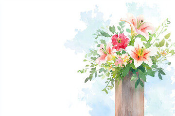 Obraz premium Beautiful watercolor depiction of floral arrangement featuring lilies, roses, and greenery, evoking sense of tranquility and elegance