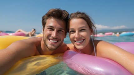 Obraz premium A man and woman are smiling and posing for a picture on a float in the ocean