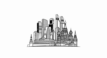 Obraz premium A striking monochrome sketch of a diverse cityscape blending modern skyscrapers with historic domed architecture