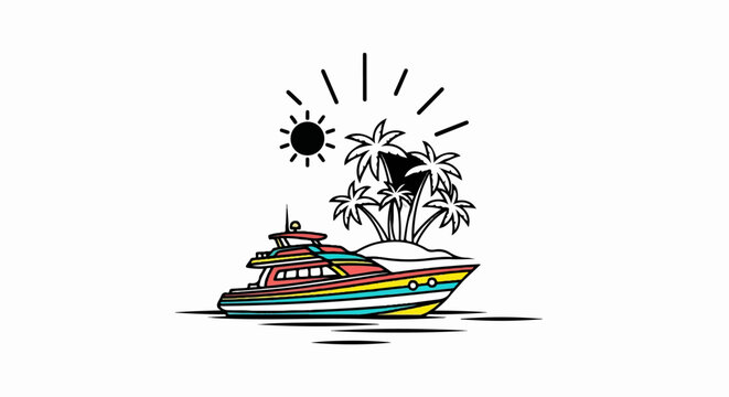 Colorful yacht sails past a tropical island under a sunny sky