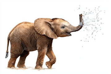 Obraz premium Playful baby elephant sprays water joyfully, showcasing its playful nature and curiosity in vibrant watercolor style