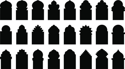 Islamic arch silhouette collection, mosque window frame shapes set, Ramadan arabic architecture elements isolated black flat vector illustration