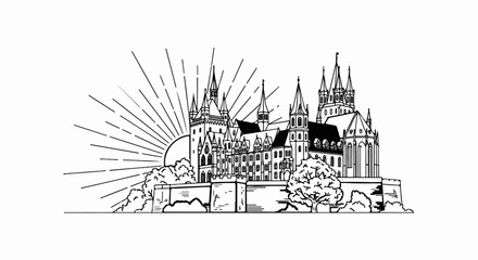 Fototapeta premium Ornate Gothic castle silhouette rises against a sunburst and trees