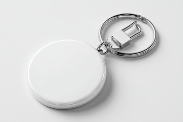 A round, blank keychain attachment and metal ring with a small lock