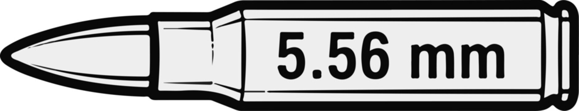 A graphic illustration of a 5.56 mm bullet cartridge, black outline