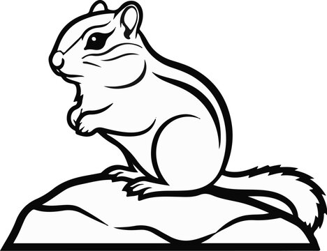 A stylized black and white illustration of a chipmunk sitting on a rock