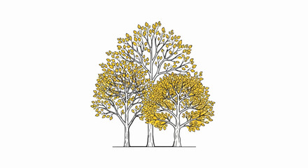 Stylized trees with yellow leaves, drawn with fine black lines on a white background