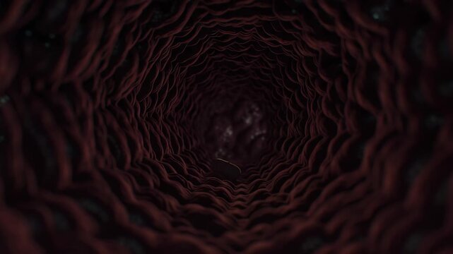 Esophagus interior textured red tissue walls with white oval capsule pill inside biological tunnel showing detailed medical drug delivery concept