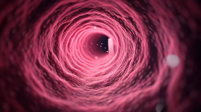White pill inside red and pink human organ tunnel with detailed tissue texture, medical endoscope perspective showing floating particles and smooth