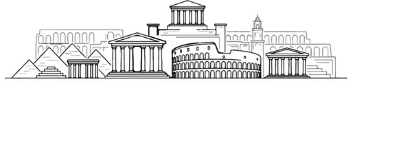 Iconic ancient structures like pyramids and the Colosseum in a monochrome outline