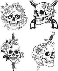 Fototapeta premium Skull Hand Drawing Tattoo guns and flowers line flat vector art set
