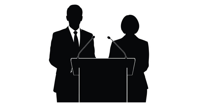 A stark depiction of a man and woman standing at podiums delivering speeches or presentations in silhouette high quality