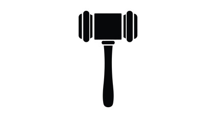 A stark black silhouette of a gavel symbolizing law order and judicial decisions is prominently displayed silhouette high quality