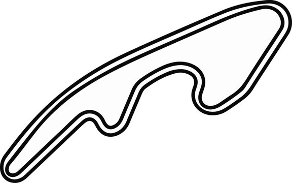 A stylized black and white outline of a winding race track with two parallel lanes