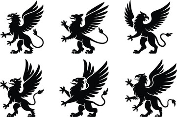 Obraz premium Set of black mythical griffin silhouettes in heraldic poses isolated on white background, featuring the legendary creature with eagle head and lion body for fantasy and crest design.