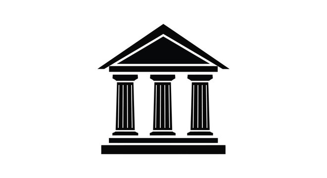 A stark black depiction of a classical building with three columns presented as a bold silhouette high quality professional