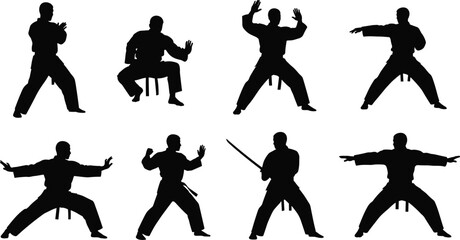 Set of black martial arts silhouettes performing karate and judo poses isolated on white background, featuring fighters in traditional uniforms, kata stances, and samurai sword training. © It's Jobayer 