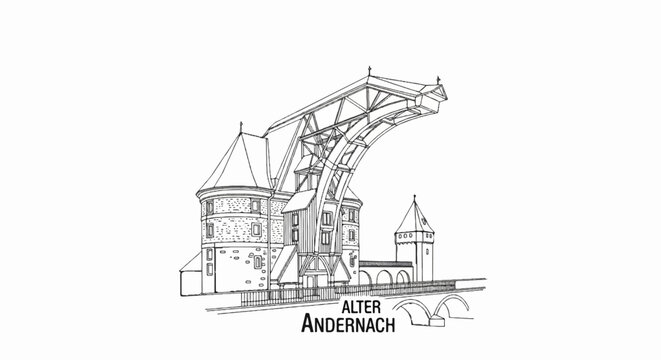 An intricate sketch showcases an arched bridge structure connecting two imposing stone towers, a scene rich in history
