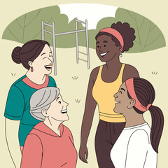 family in the garden. Diverse group of women in activewear smiling after workout