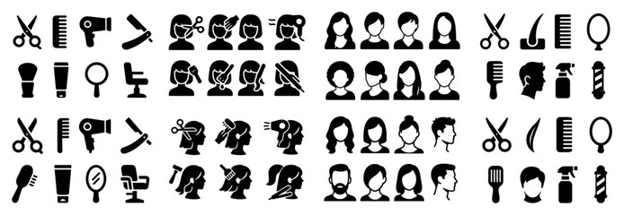 Fototapeta premium Hair salon tools and stylist silhouette icons