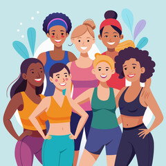 group of people in a circle. Diverse group of women in activewear smiling after workout