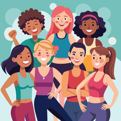 group of people in a row. Diverse group of women in activewear smiling after workout