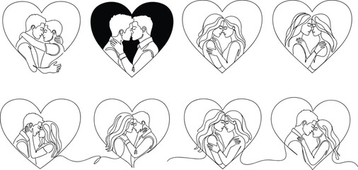 Fototapeta premium Minimalist Line Art Vector Collection of Diverse Couples Embracing Inside Heart Shapes for Wedding Invitations Romantic Branding and Valentines Day Graphics