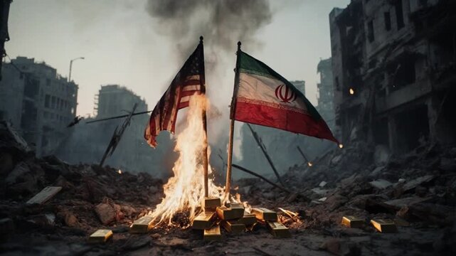 Protesters burn American flag amidst Iranian flag, rubble, and destruction in war-torn cityscape background, conveying conflict