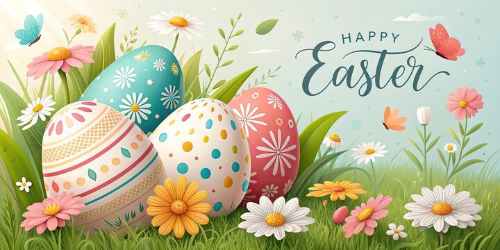 Happy Easter spring landscape with decorated eggs flowers and meadow scene.