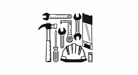 A collection of black and white illustrations of construction tools and safety equipment