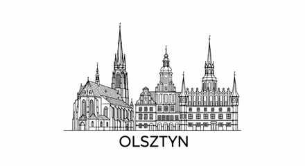 A black and white line drawing of a city skyline with multiple spires and distinct buildings