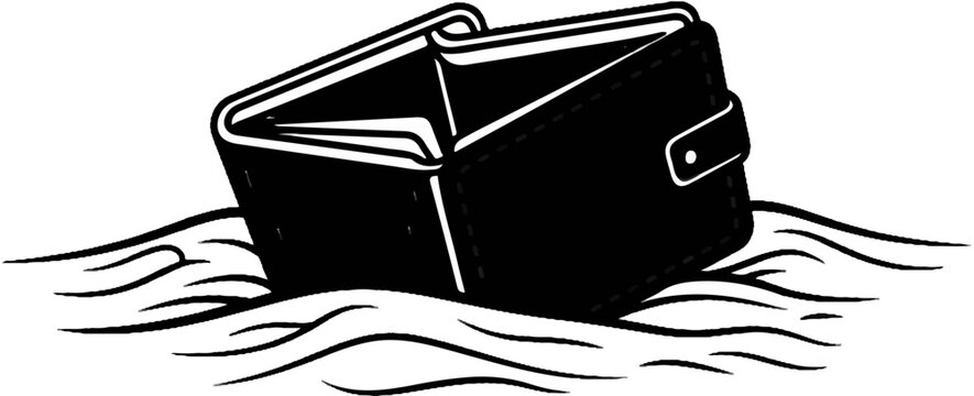 Empty wallet sinking into wavy waters