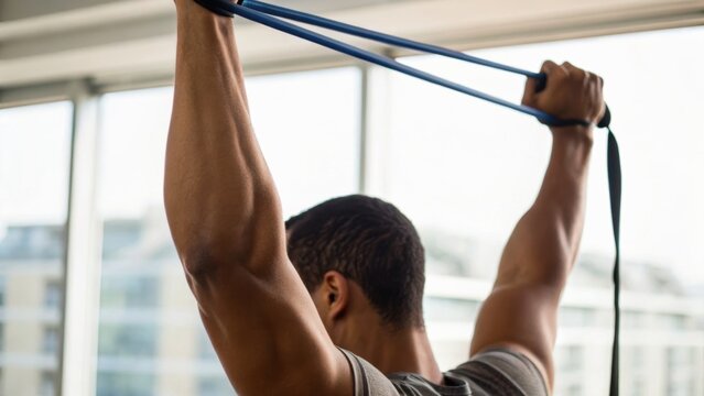 A man exercises indoors using a resistance band, stretching it overhead to work his upper back and shoulders in a bright room with large windows.